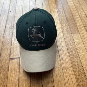 John Deere Snapback Hat Forest Green Tan Two Tone Embroidered Logo Cap